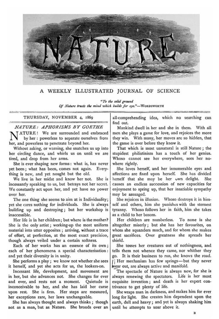 A facsimile of the first edition of Nature, 4 November 1869.